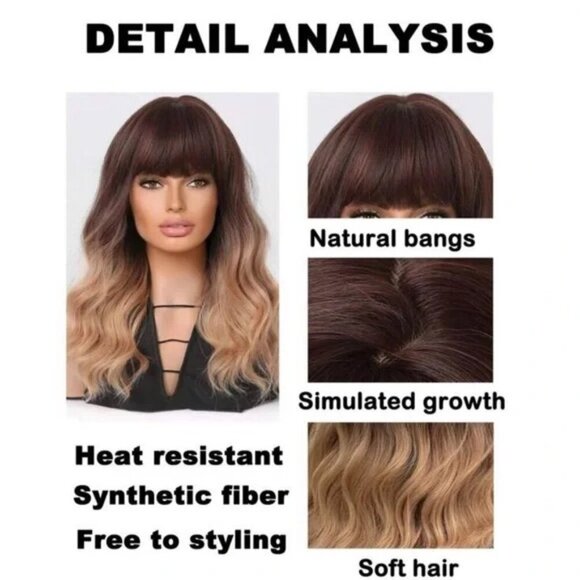 16 In ombre Brown To Honey Blonde wavy Short Wig Realistic Look with bangs - Picture 5 of 9